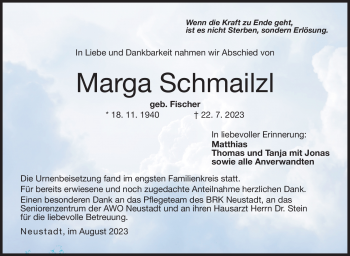 Traueranzeige von Marga Schmailzl von Neue Presse Coburg