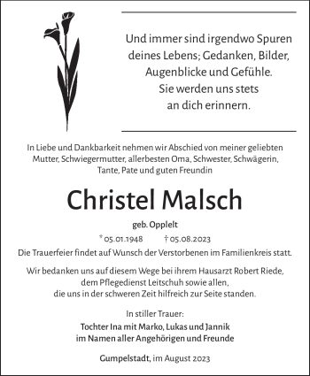 Traueranzeige von Christel Malsch von Südthüringer Presse
