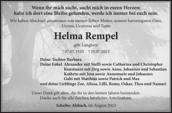 Traueranzeige von Helma Rempel von Südthüringer Presse
