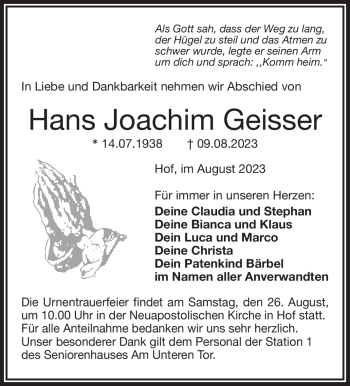 Traueranzeige von Hans Joachim Geisser von Frankenpost