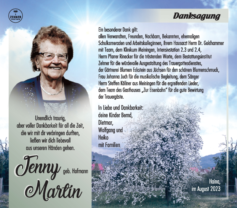  Traueranzeige für Jenny Martin vom 05.08.2023 aus Südthüringer Presse
