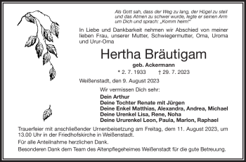 Traueranzeige von Hertha Bräutigam von Frankenpost