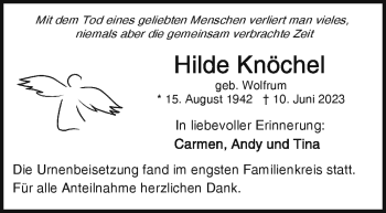 Traueranzeige von Hlde Knöchel von Frankenpost