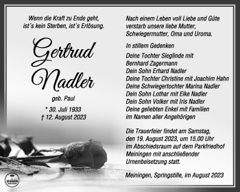 Traueranzeige von Gertrud Nadler von Südthüringer Presse