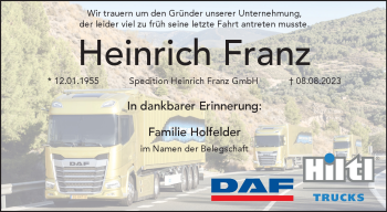Traueranzeige von Heinrich Franz von Frankenpost