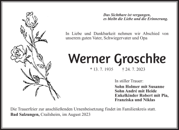 Traueranzeige von Werner Groschke von Südthüringer Presse