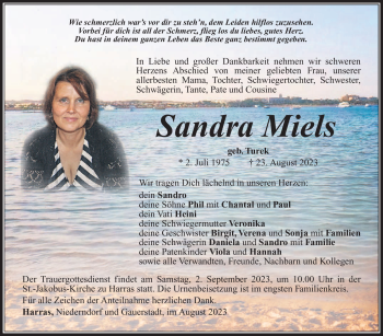 Traueranzeige von Sandra Miels von Südthüringer Presse