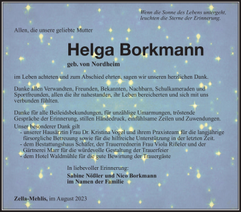 Traueranzeige von Helga Borkmann von Südthüringer Presse