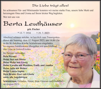 Traueranzeige von Berta Leuthäuser von Südthüringer Presse
