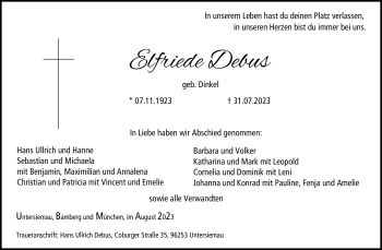 Traueranzeige von Elfriede Debus von Neue Presse Coburg