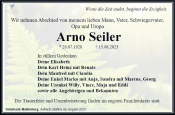 Traueranzeige von Arno Seiler von Südthüringer Presse