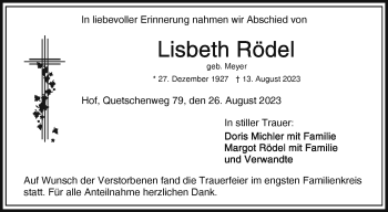 Traueranzeige von Lisbeth Rödel von Frankenpost