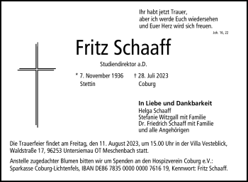 Traueranzeige von Fritz Schaaff von Neue Presse Coburg