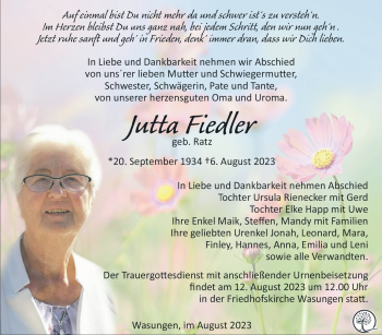 Traueranzeige von Jutta Fiedler von Südthüringer Presse