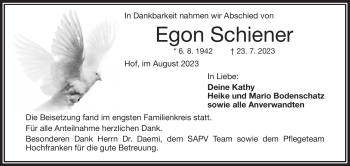 Traueranzeige von Egon Schiener von Frankenpost