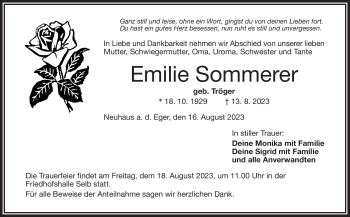 Traueranzeige von Emilie Sommerer von Frankenpost