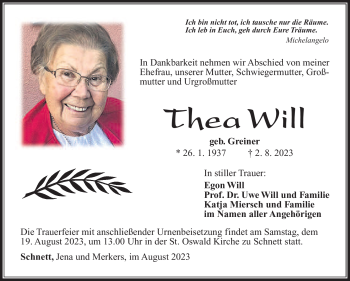 Traueranzeige von Thea Will von Südthüringer Presse