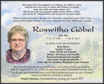 Traueranzeige von Roswitha Göbel von Südthüringer Presse