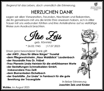 Traueranzeige von Ilse Zeis von Südthüringer Presse