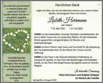 Traueranzeige von Lisbeth Herrmann von Südthüringer Presse