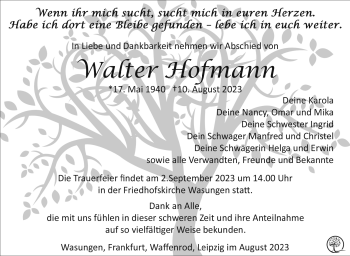 Traueranzeige von Walter Hofmann von Südthüringer Presse