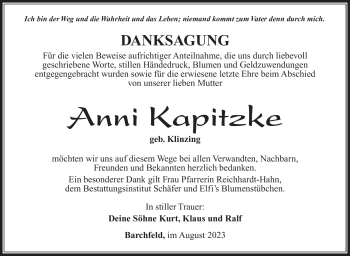 Traueranzeige von Anni Kapitzke von Südthüringer Presse