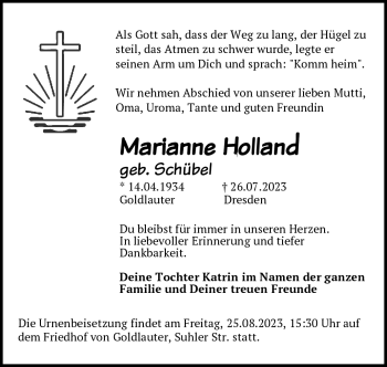 Traueranzeige von Marianne Holland von Südthüringer Presse