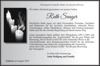 Traueranzeige von Ruth Saager von Südthüringer Presse