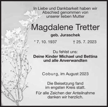 Traueranzeige von Magdalene Tretter von Neue Presse Coburg