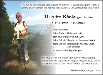 Traueranzeige von Brigitte König von Südthüringer Presse