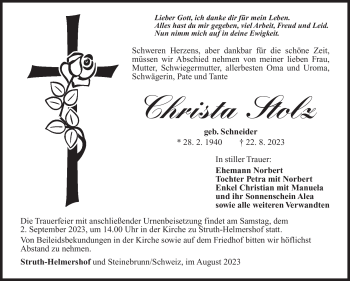 Traueranzeige von Christa Stolz von Südthüringer Presse