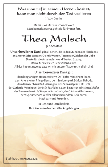 Traueranzeige von Thea Malsch von Südthüringer Presse