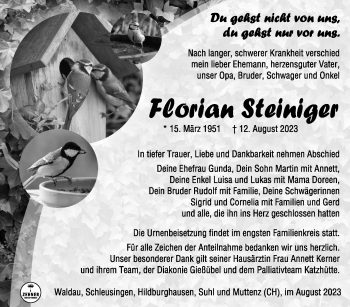 Traueranzeige von Florian Steiniger von Südthüringer Presse