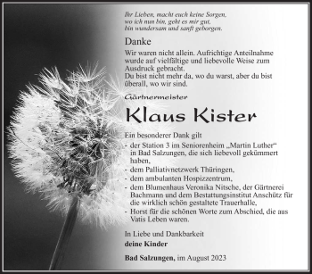 Traueranzeige von Klaus Kister von Südthüringer Presse