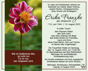 Traueranzeige von Erika Franzke von Südthüringer Presse