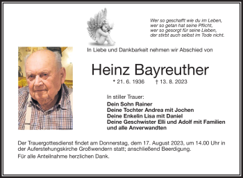 Traueranzeige von Heinz Bayreuther von Frankenpost