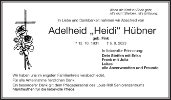 Traueranzeige von Adelheid Hübner von Frankenpost