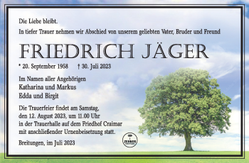 Traueranzeige von Friedrich Jäger von Südthüringer Presse