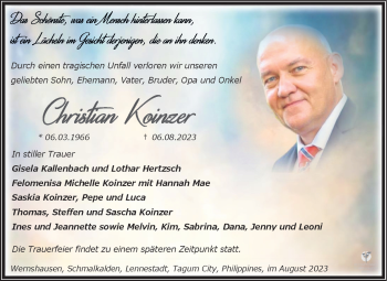 Traueranzeige von Christian Koinzer von Südthüringer Presse