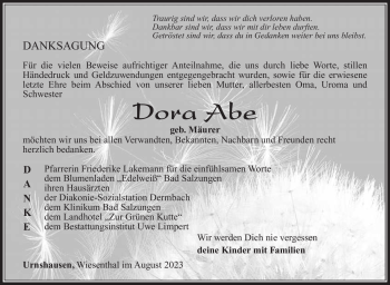 Traueranzeige von Dora Abe von Südthüringer Presse