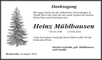 Traueranzeige von Heinz Mühlhausen von Südthüringer Presse