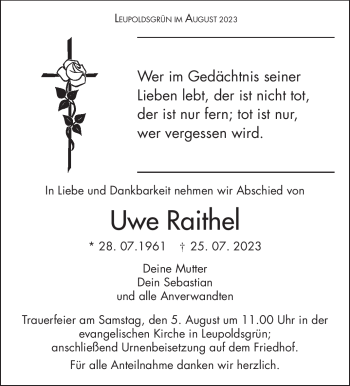 Traueranzeige von Uwe Raithel von Frankenpost