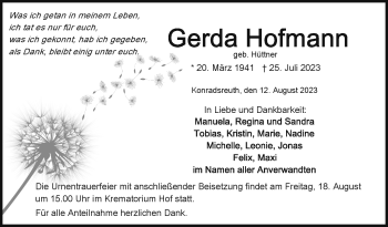 Traueranzeige von Gerda Hofmann von Frankenpost