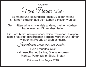 Traueranzeige von Uwe Bauer von Südthüringer Presse