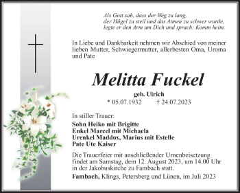 Traueranzeige von Melitta Fuckel von Südthüringer Presse