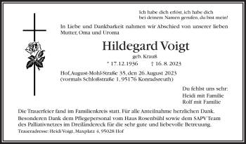 Traueranzeige von Hildegard Voigt von Frankenpost