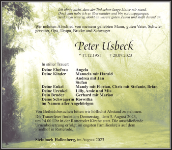 Traueranzeige von Peter Usbeck von Südthüringer Presse