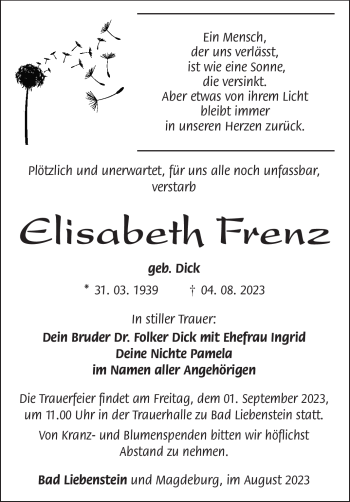 Traueranzeige von Elisabeth Frenz von Südthüringer Presse