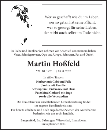 Traueranzeige von Martin Hoßfeld von Südthüringer Presse