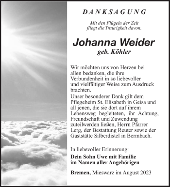 Traueranzeige von Johanna Weider von Südthüringer Presse